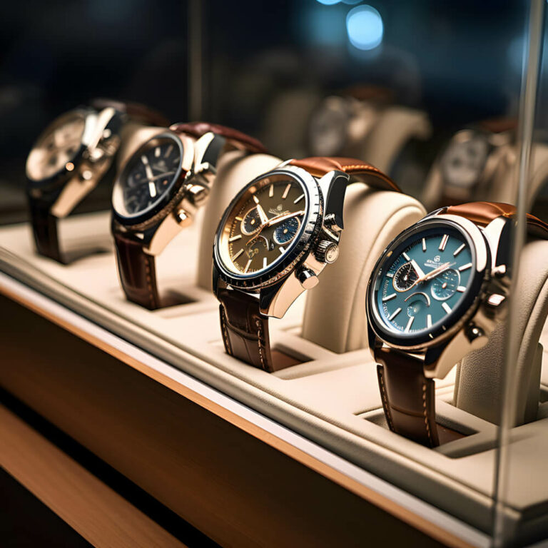 Hochwertige Armbanduhren mit Lederarmbändern in einer eleganten Vitrine bei Goldwerk in Berlin-Lankwitz, präsentiert auf hellen Uhrenkissen.