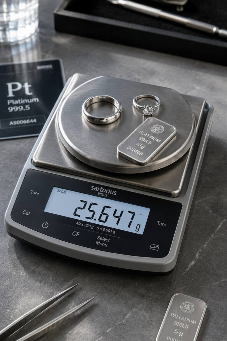 Präzisionswaage mit Platinring, Diamantring und Platinbarren für den professionellen Platin & Palladium Ankauf bei Goldwerk in Berlin-Lankwitz.
